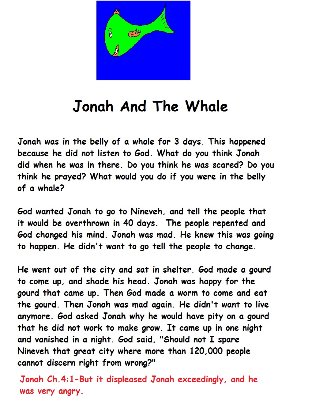Story Of Jonah And The Whale Summary Printable